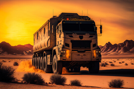 a fast military truck driving on the desert road at sunset, fictional car made with generative ai