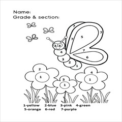illustration of an background.funny coloring by numbers game. Vector illustration coloring by numbers game with cartoon butterfly for kids