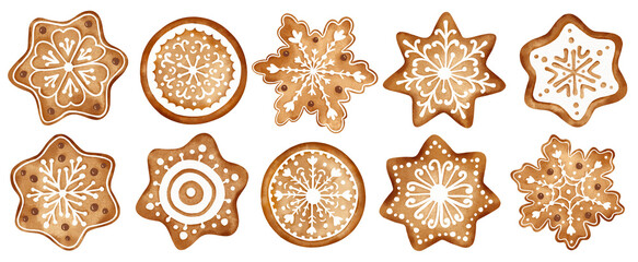 Gingerbread clipart. Watercolor Christmas illustrations set. New Year holiday decor. Winter traditional cookie with ornament. Isolated on background.