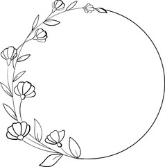 Linear floral wreath. Hand drawn illustration. This art is perfect for invitation cards, spring and summer decor, greeting cards, posters, scrapbooking, print, etc.