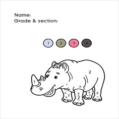 funny coloring by numbers game. Vector illustration coloring by numbers game with cartoon rhinoceros for kids.