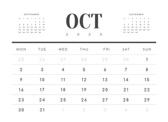 Monthly Calendar Template of october 2023. Vector layout simple calendar with week start monday.