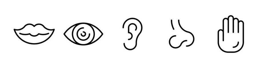 Outline icon set of five human senses: vision (eye), smell (nose), hearing (ear), touch (hand), taste (mouth). Thin line icon set