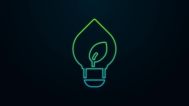 Glowing neon line Light bulb with leaf icon isolated on black background. Eco energy concept. Alternative energy concept. 4K Video motion graphic animation