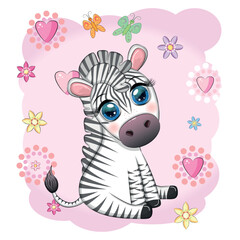 Cute cartoon zebra sits in flowers. Childish striped character, African animals
