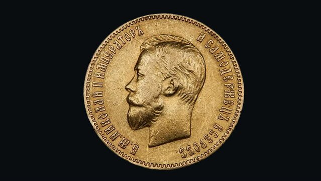 old gold coin, Russian emperor Nicholas 2, obverse profile ruble russia