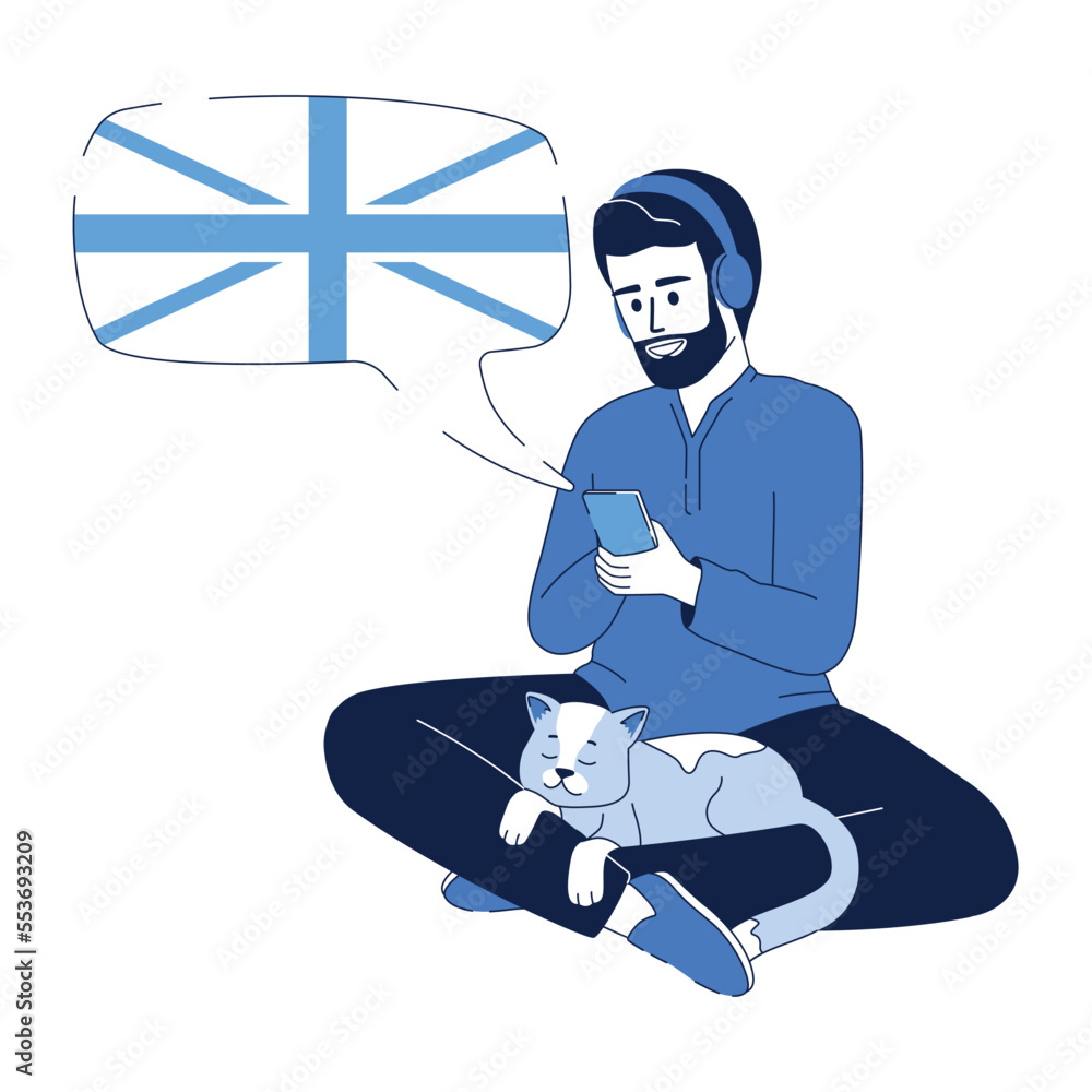 Poster man learning english language flat color linear vector character. editable figure. full body person 
