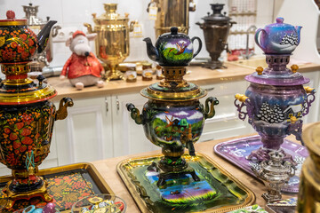 antique unique samovars of different colors and configurations produced in the city of Tula