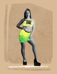 Contemporary art collage. Creative design with drawings. Sketches. Hip-hop outfit. Young girl in...