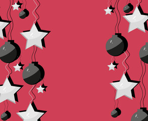 Viva magenta style christmas background with xmas star, balls on the ribbon and copy space. Cut out paper new year backdrop.