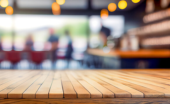 Wooden top table with bokeh light effect and blur restaurant of cafe, coffee shop, bar on blur background. Can used for display or montage your products	