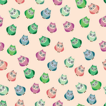 Cute multicolored owls and flowers in cartoon style, childish seamless pattern, newborn. Creative childish background for fabric, textile