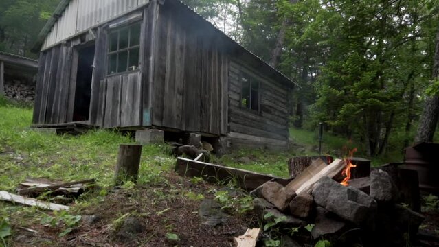 Overall plan. Wooden hut in the summer taiga. Forest fire in front of a wooden forester's house.