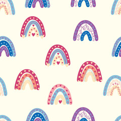 Rainbow seamless pattern in pastel colors. Scandinavian baby hand drawn illustration for textiles and newborn clothes.