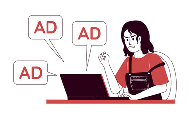 Woman angry of ads amount flat concept vector illustration. Editable 2D cartoon character on white for web design. Spam creative idea for website, mobile, presentation. Quicksand font used