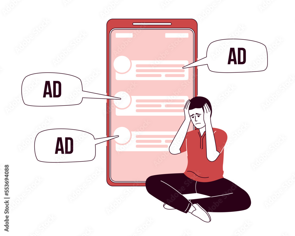 Poster man overwhelmed by ads flat concept vector illustration. editable 2d cartoon character on white for 