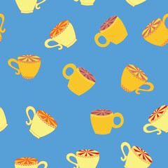Cups and saucers bright seamless pattern. Tea, tea shop, coffee. Wallpaper, wrapping paper
