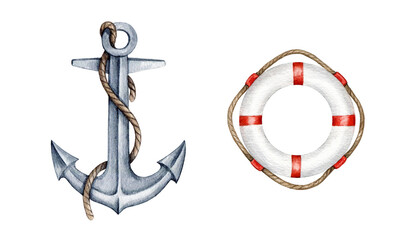 Metal anchor and lifebuoy watercolor illustration. Hand drawn vintage style image. Ship or boat anchor and lifebuoy with a rope nautical element set. White background