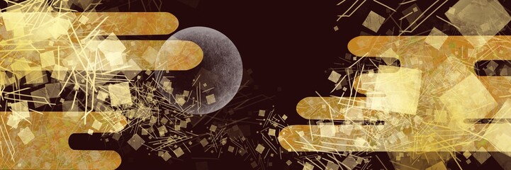 中秋の名月が輝く漆黒の夜空と平安絵画風金箔雲と金銀砂子が舞う優美なワイドサイズ黒背景イラスト