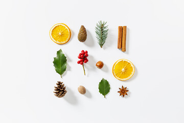 Fototapeta na wymiar Flat lay Christmas composition with spices and winter natural decoration.