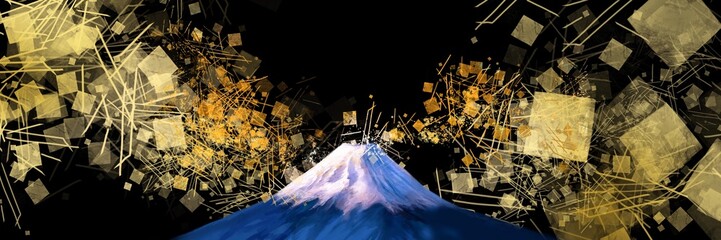 雪化粧の美しい富士山と金箔、金粉、砂子の舞う日本画風背景ワイドサイズイラストと黒背景