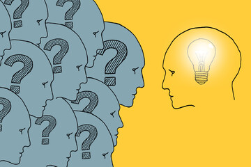 Human heads with question marks inside and one head with light bulb inside. Illustration on yellow. Idea generation, FAQ