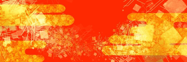 平安時代風金色の優雅な雲と金箔、金粉、砂子の舞う日本画風テクスチャと朱色背景ワイドサイズイラスト