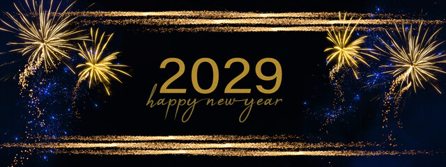 2028 Happy New Year holiday Greeting Card banner - Golden year, glitter stripes and firework fireworks pyrotechnics on black night texture background