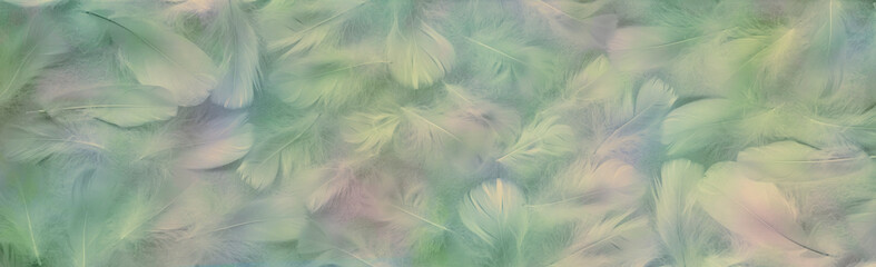 Pastel coloured fluffy feather wide template banner - mainly green with pink blue and yellow hints random scattered small feathers background ideal for a spiritual, holistic, new born or christening 
