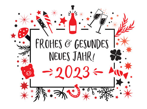 Wir wünschen frohes und gesundes neues Jahr 2023 - Kalligraphie mit Symbolen - deutscher Text auf weißem Hintergrund
