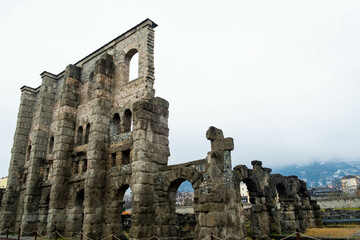 the remains of the beautiful Roman theater of Aosta, during a winter day in December 2022