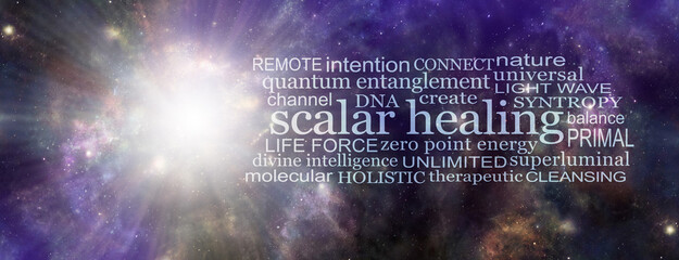 Zero Point Light Wave Scalar Healing Word Cloud - bright white big bang deep space event on left side with a SCALAR HEALING word cloud on right against cosmos background
 - obrazy, fototapety, plakaty