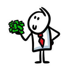 Doodle hand drawn man in a business suit holds a large pile of cash in the hand.