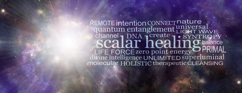 Zero Point Light Wave Scalar Healing Word Cloud - bright white big bang deep space event on left side with a SCALAR HEALING word cloud on right against cosmos background
