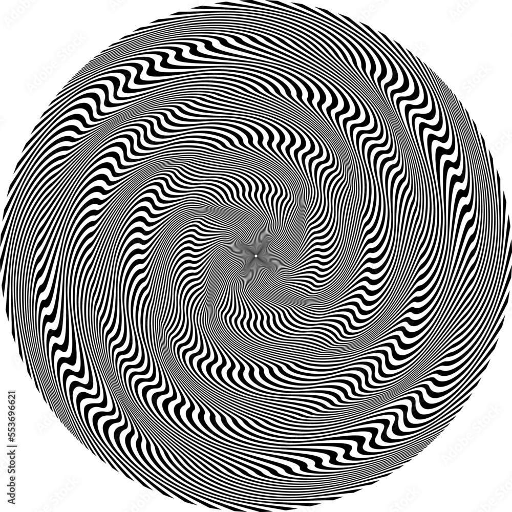 Poster op art patterned circle of distorted wavy stripes. round psychedelic background design.