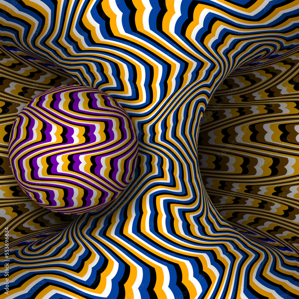 Poster moving torus of colorful sinuous striped pattern with sphere. vector hypnotic optical illusion illus