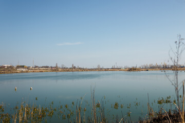 lake landscape with burnt reeds and grass around, natural fire, environmental protection, global earth problem, drought and climate change