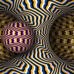 Moving torus of colorful sinuous striped pattern with sphere. Vector hypnotic optical illusion illustration.