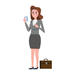 Business woman reading message on smartphone. flat character design illustration