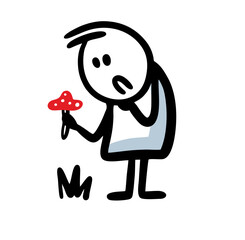 A discouraged man found a fly agaric with a red hat in the forest.