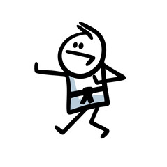 A young karate athlete stands in a pose and does an exercise.