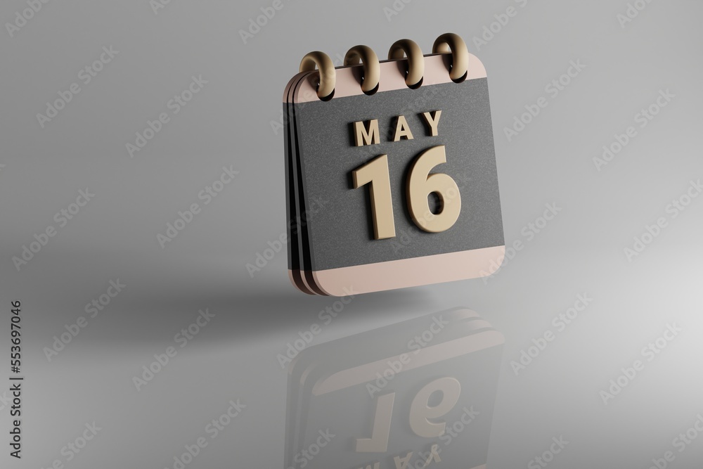 Poster Standing black and golden month lined desk calendar with date May 16. Modern design with golden elements, 3d rendering illustration. White ceramic reflection background...