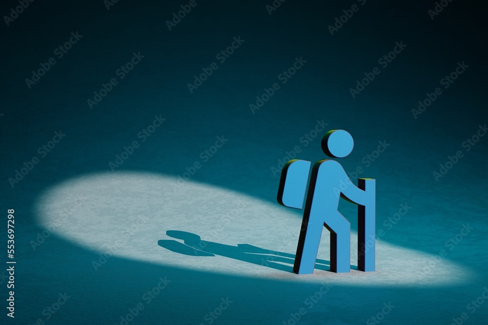 Poster beautiful abstract illustrations hiking symbol icon on a dark blue background. 3d rendering illustra