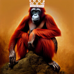 Monkey orangutan in a crown. King of the Jungle.