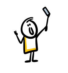 A happy teenager holds a stick with a phone in his outstretched hand, makes a victory sign on his fingers and takes pictures of himself.