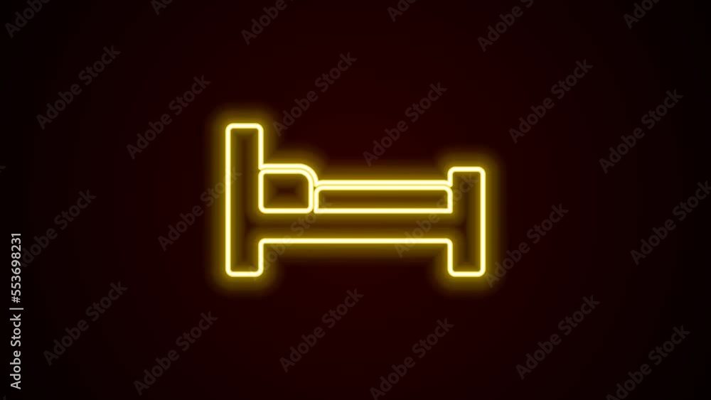 Poster Glowing neon line Bed icon isolated on black background. 4K Video motion graphic animation