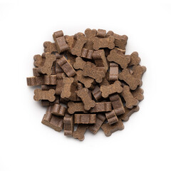 Snack Dog biscuits, dog snacks, dog food, HQ Macro Close-Up Top View, isolated on white background