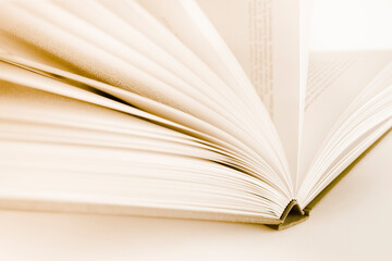 Unfocused book. Shallow depth of field in open book in warm tone, Copy space against defocused pages