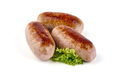 Grilled pork bangers, isolated on white background.