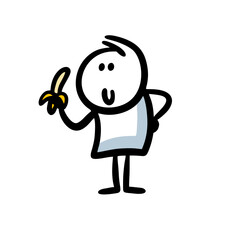A man holds an exotic banana fruit in his hand and is going to have breakfast.